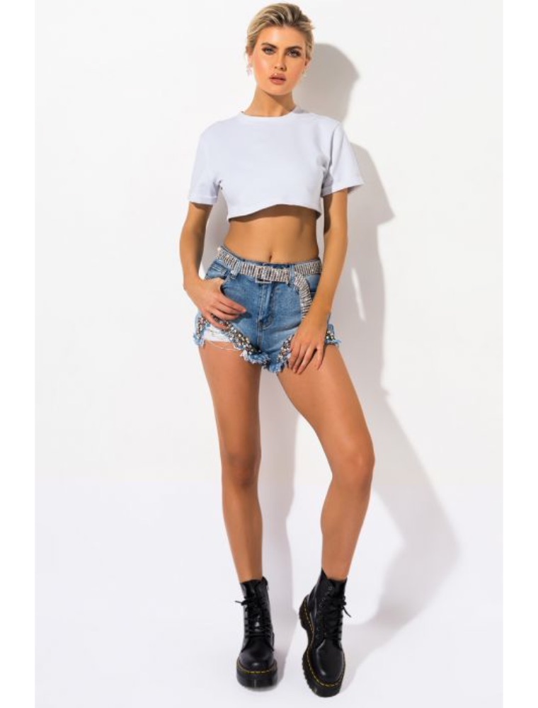 A.KOM // WOMEN'S DISTRESSED BEDAZZLED SHORTS - Image 3