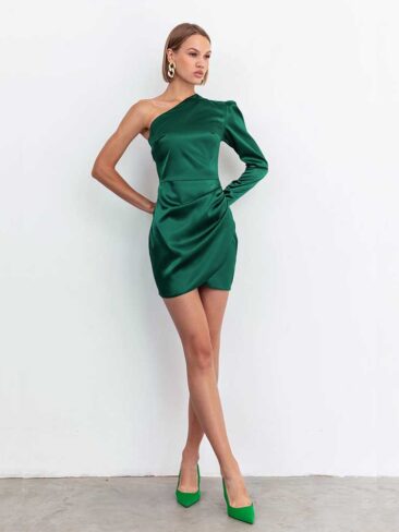 GEPUR // WOMEN’S ONE-SHOULDER ASYMMETRIC MINI DRESS, GREEN