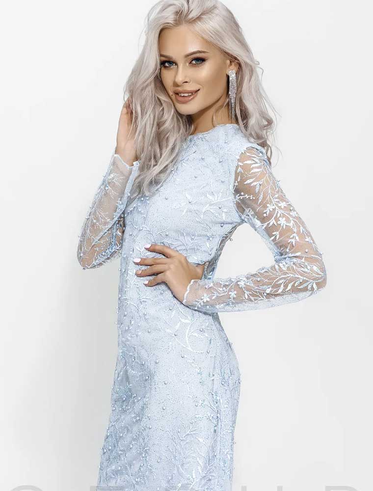 GEPUR // EMBROIDERED FLORAL BEADED LACE MINI DRESS, BLUE - Image 4
