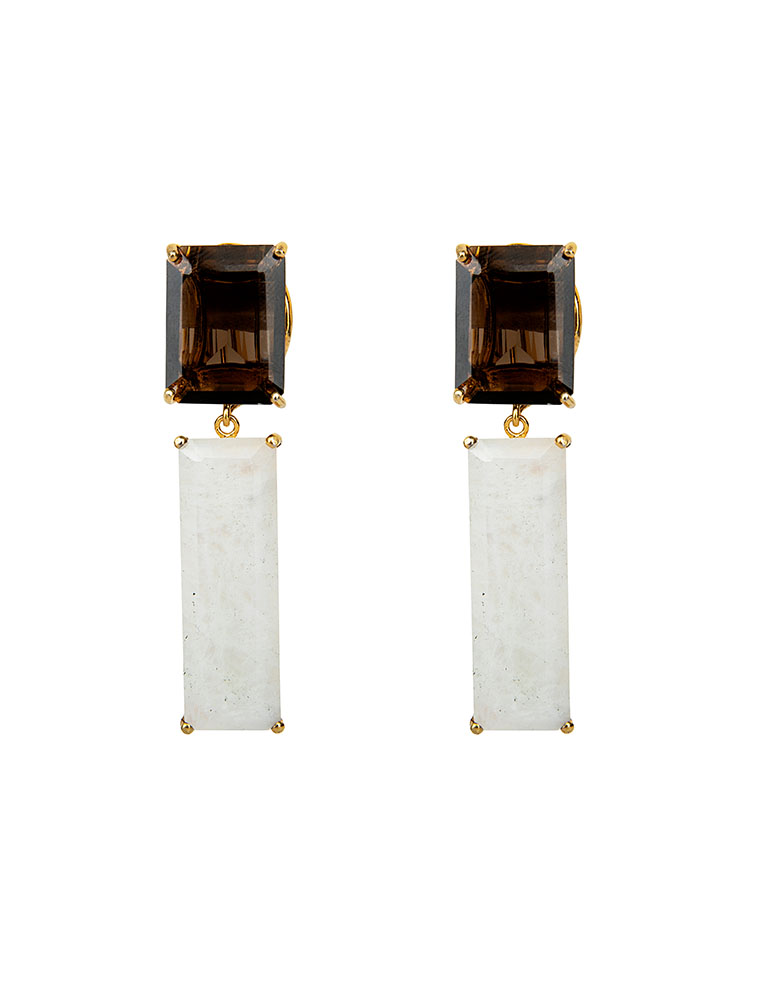 BOUNKIT // OCTAGON SMOKY QUARTZ AND MOONSTONE EMERALD CUT DROP EARRINGS