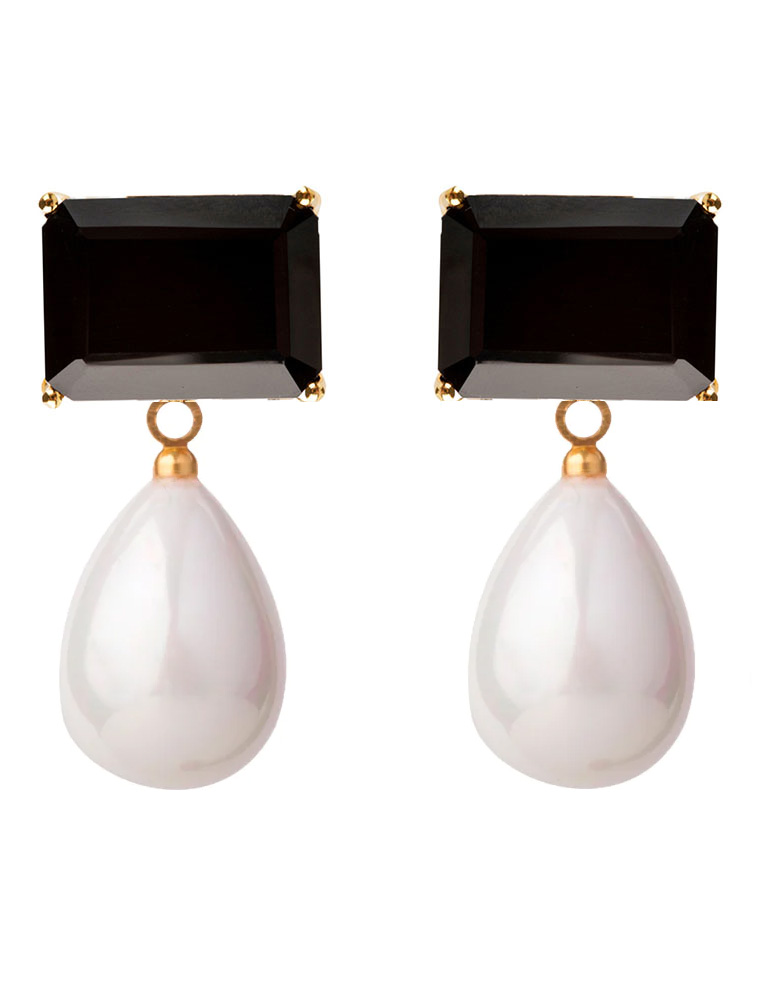 BOUNKIT // EARRING SET W/ RECTANGLE BLACK ONYX AND SEA SHELL PEARL DROP