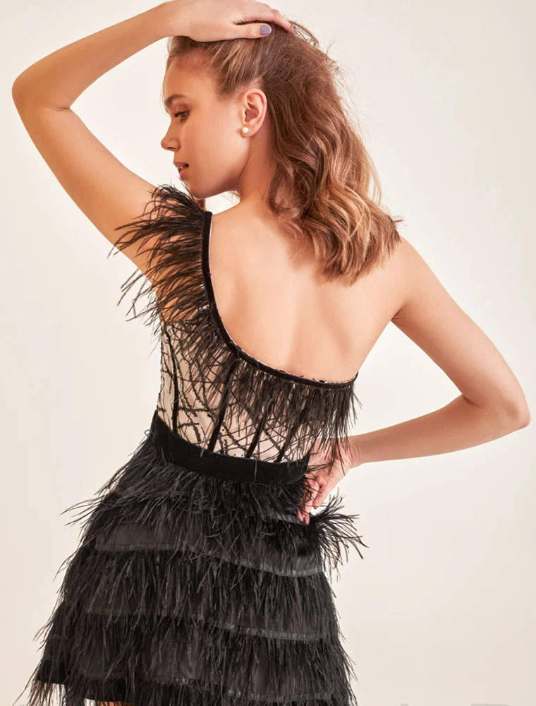 GEPUR // OFF THE SHOULDER MINI FEATHER DRESS, BLACK - Image 3