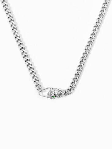 SE // STAINLESS STEEL AND GREEN CUBIC ZIRCONIA SERPENT NECKLACE, SILVER