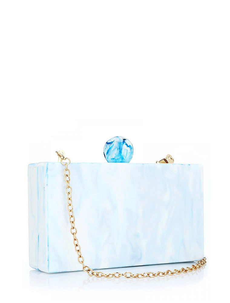 A.KOM // RECTANGULAR ACRYLIC CLUTCH BAG W/ ROUND NUB, BLUE/WHITE