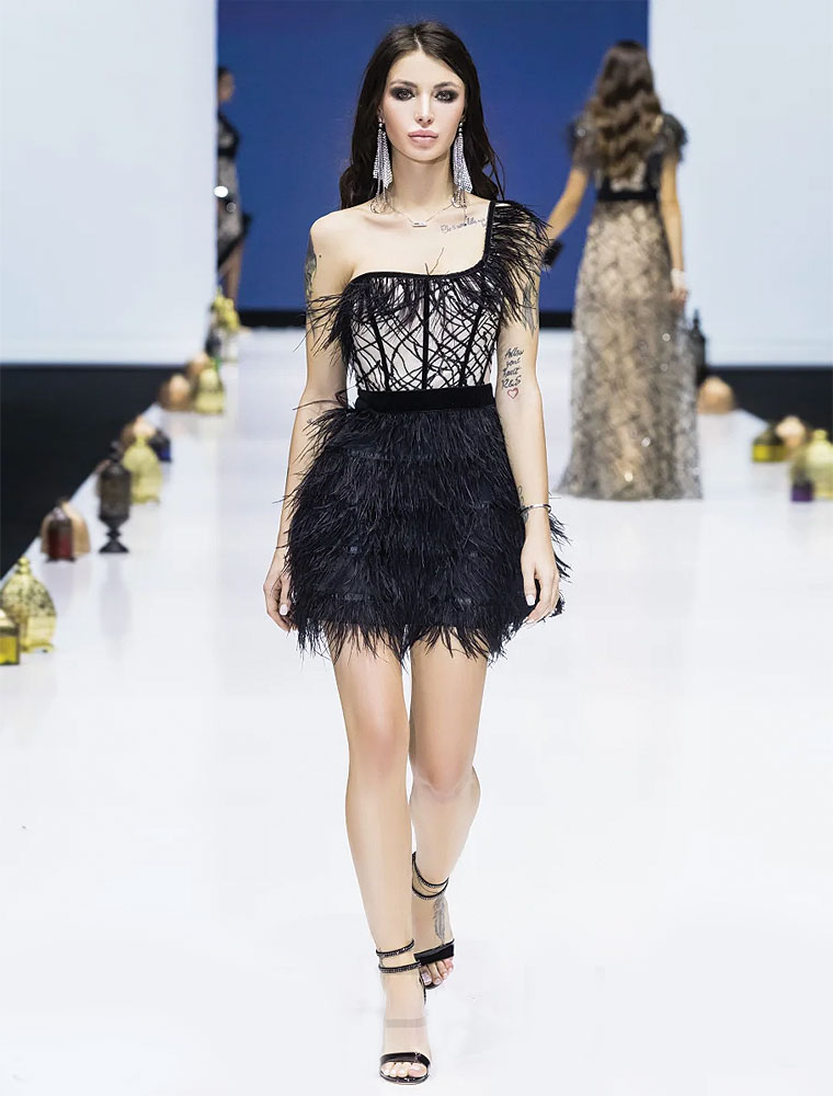 GEPUR // OFF THE SHOULDER MINI FEATHER DRESS, BLACK - Image 2