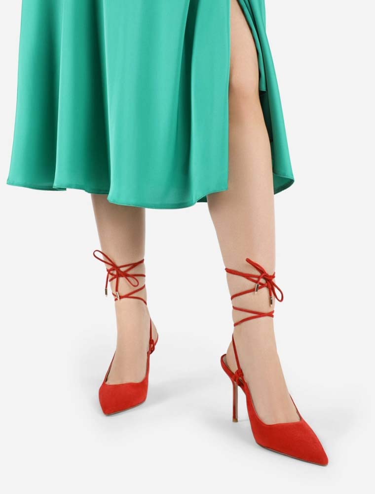 MIRATON // WOMEN'S LACE-UP POINTY TOE PUMPS, RED - Image 5