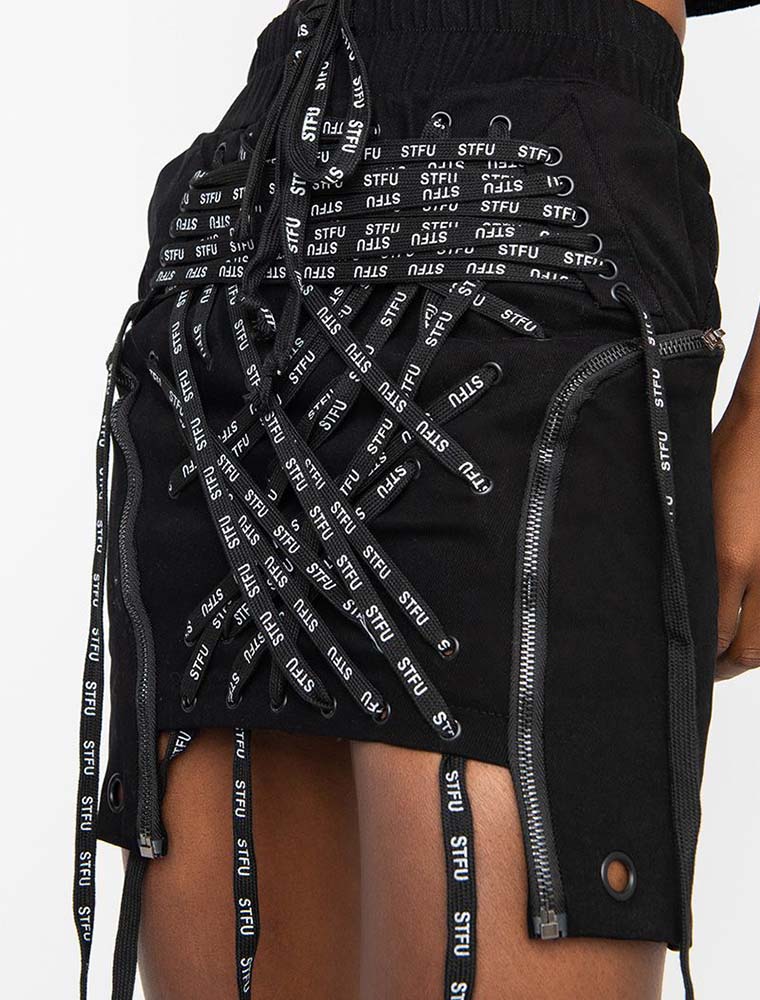 A.KOM // FRONT LACE UP MINI SKIRT, BLACK - Image 2