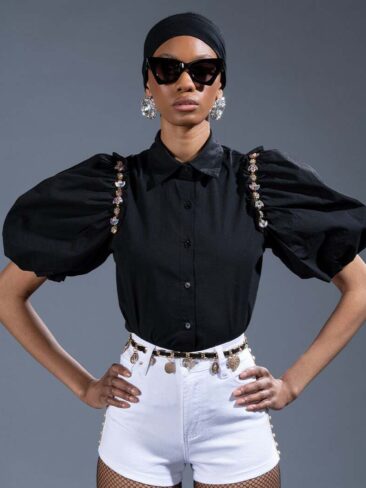 A.KOM // PUFF SLEEVE DETAILED BUTTON DOWN TOP, BLACK