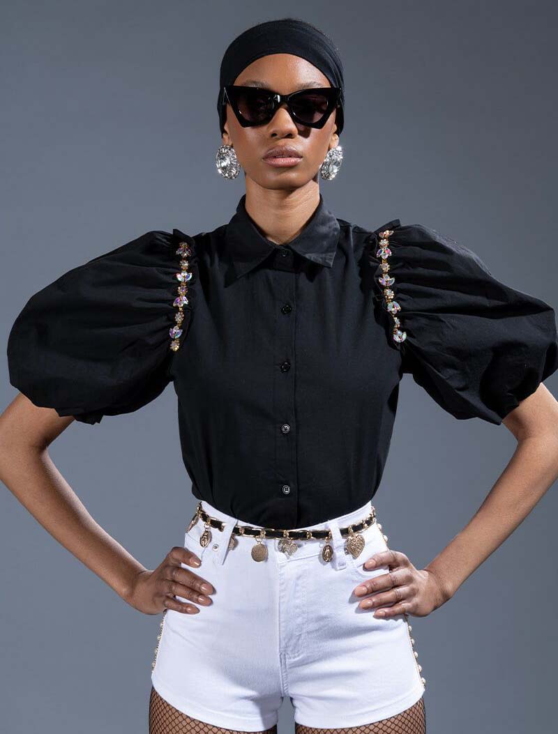 A.KOM // PUFF SLEEVE DETAILED BUTTON DOWN TOP, BLACK