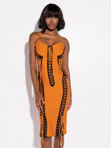A.KOM // DRAWSTRING DETAIL BODYCON MIDI DRESS, ORANGE