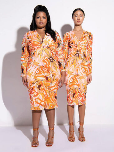 A.KOM // ABSTRACT PRINT LONG SLEEVE V-NECK MIDI DRESS, ORANGE
