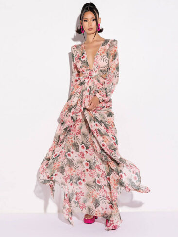 A.KOM // TROPICAL PRINT WAIST CUT-OUT MAXI DRESS, MULTICOLOR