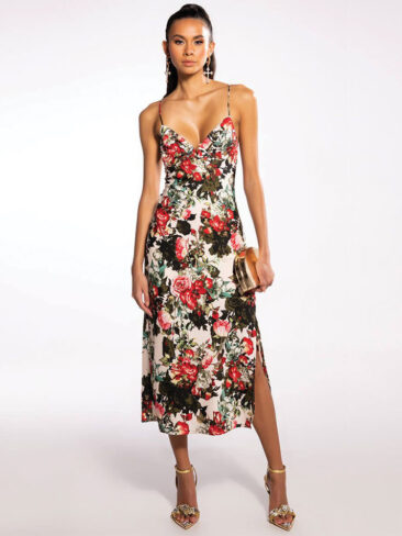 A.KOM // ROSE FLOWER STRAPPY COCKTAIL MIDI DRESS, MULTICOLOR