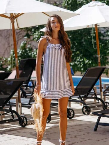 GEPUR // SLEEVELESS STRIPED A-LINE DRESS, GREY/WHITE