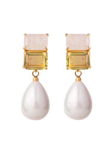 BOUNKIT // MOONSTONE, LEMON QUARTZ & WHITE SHELL PEARL EARRINGS