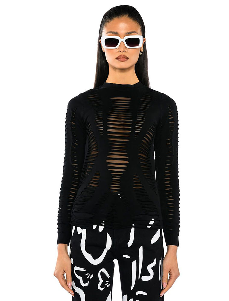 A.KOM // DISTRESSED LAYERED LONG SLEEVE TOP, BLACK