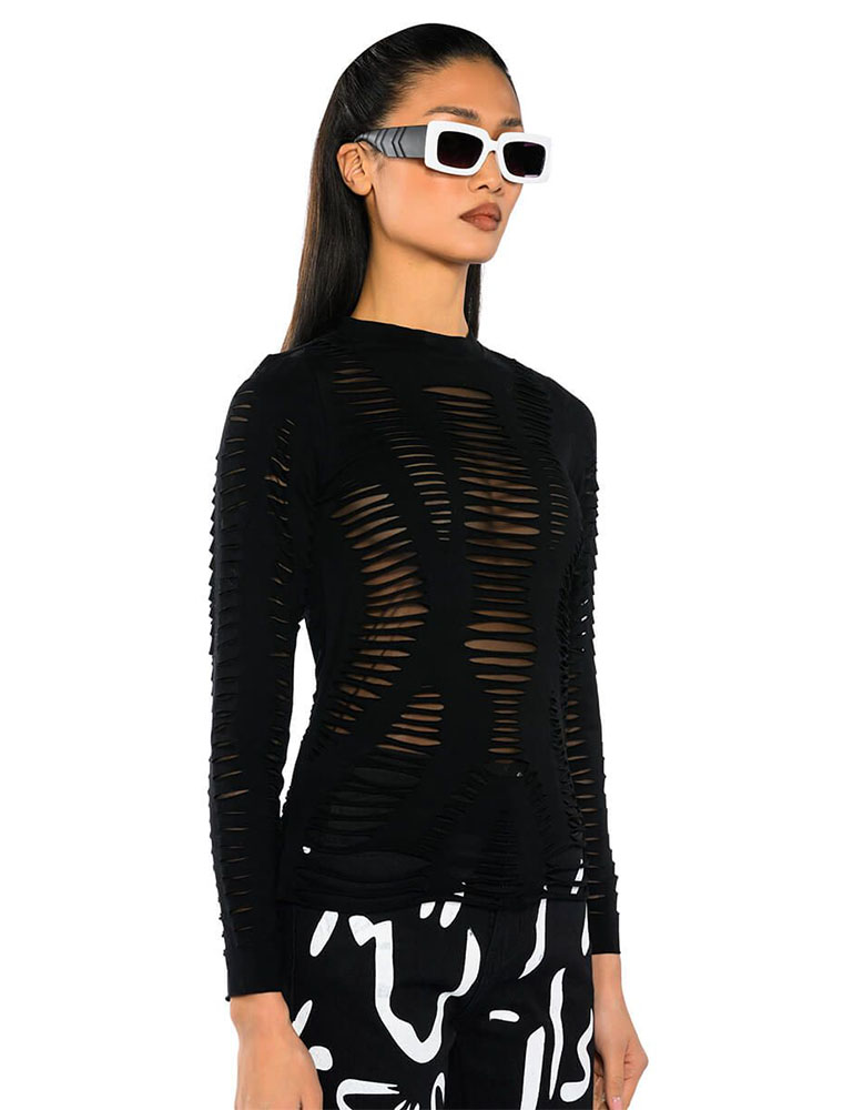 A.KOM // DISTRESSED LAYERED LONG SLEEVE TOP, BLACK - Image 2