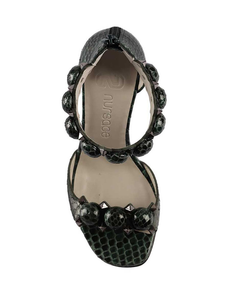 NURSACE // GENUINE PYTHON STILETTO ANKLE WRAP SANDALS, GREEN - Image 2