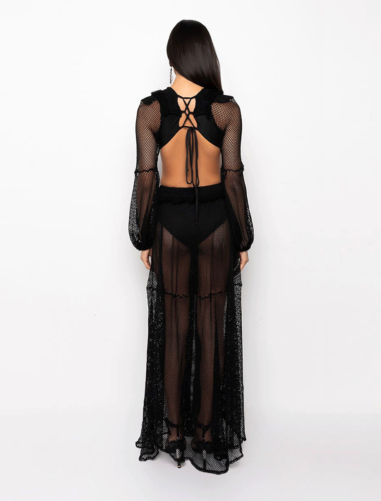 A.KOM // WOMEN'S SOLID RUCHED BODICE CUTAWAY MAXI DRESS, BLACK - Image 6