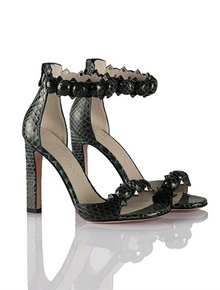 NURSACE // GENUINE PYTHON STILETTO ANKLE WRAP SANDALS, GREEN - Image 5