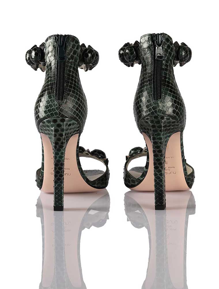 NURSACE // GENUINE PYTHON STILETTO ANKLE WRAP SANDALS, GREEN - Image 3