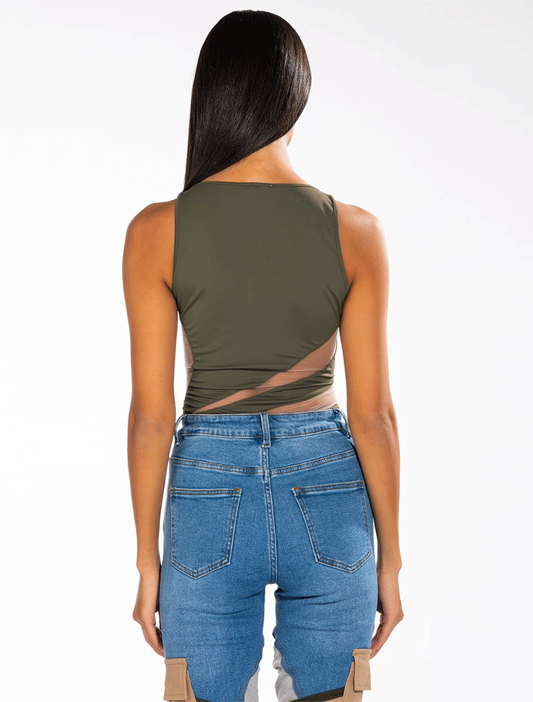 A.KOM // SLEEVELESS V-NECK MESH DETAIL BODYSUIT, GREEN - Image 3
