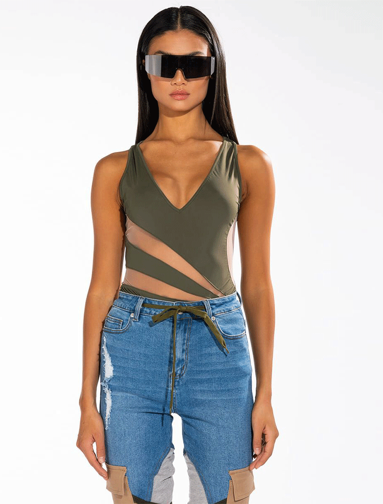 A.KOM // SLEEVELESS V-NECK MESH DETAIL BODYSUIT, GREEN