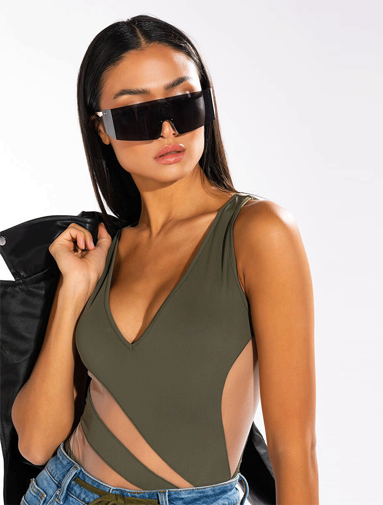 A.KOM // SLEEVELESS V-NECK MESH DETAIL BODYSUIT, GREEN - Image 5