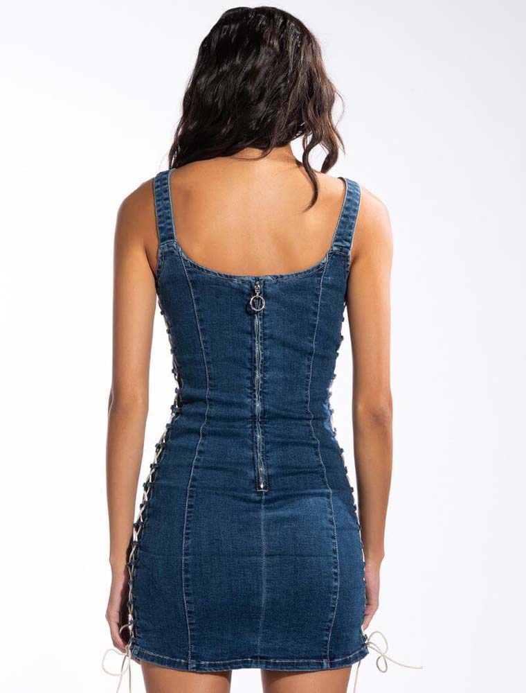 A.KOM // WOMEN'S LACE-UP DENIM MINI DRESS, BLUE - Image 3