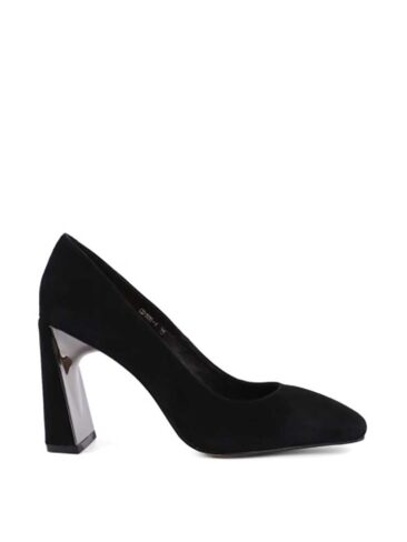 ATTIZZARE // METAL HEEL SQUARE TOE SUEDE PUMPS, BLACK