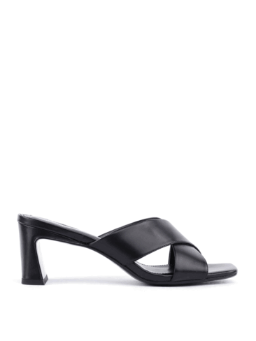 MIRATON // SQUARE TOE CRISS CROSS MULES, BLACK