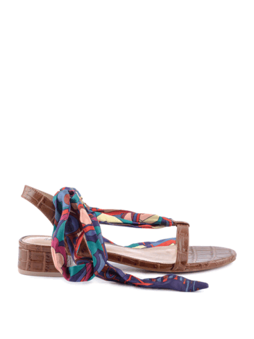 MIRATON // TIE-ON EMBOSSED CROC FLAT SANDALS, BROWN