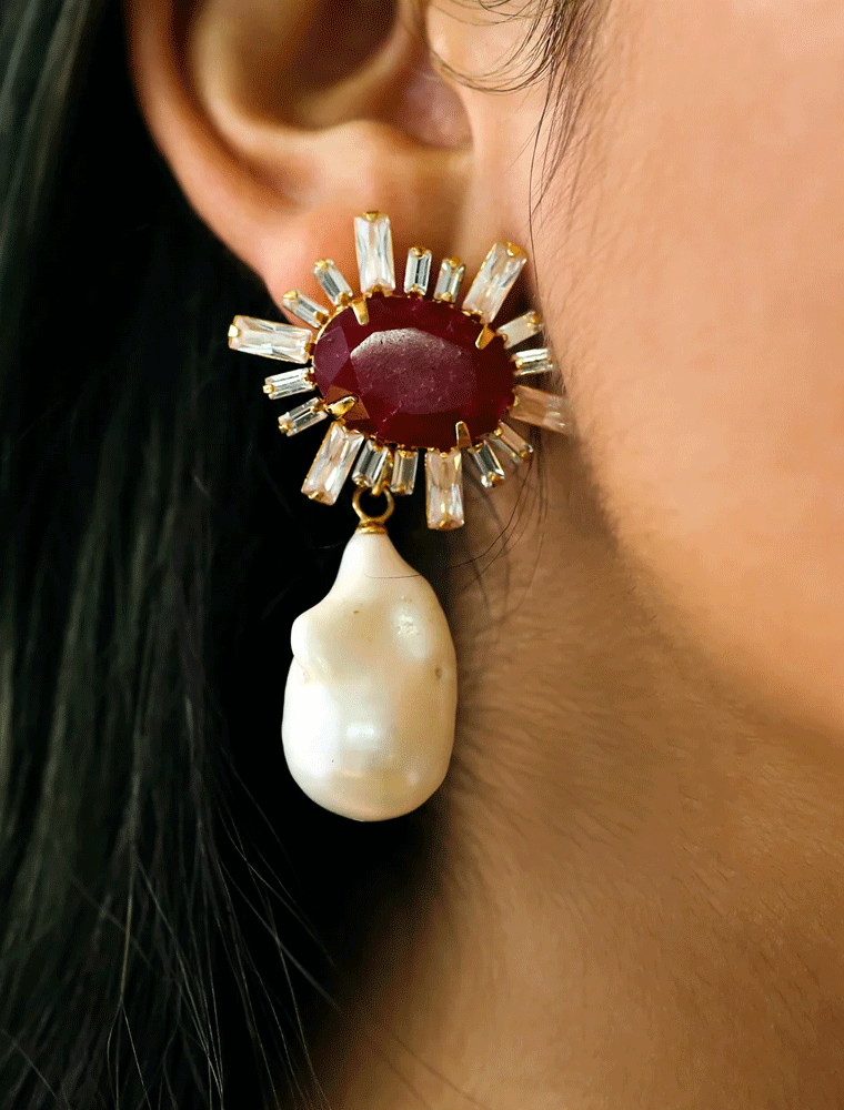 BOUNKIT // INDIAN RUBY AND BAROQUE PEARL EARRINGS - Image 2