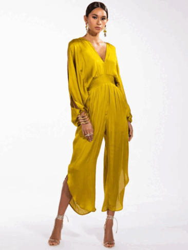 A.KOM // WOMEN’S V-NECK OPEN BACK JUMPSUIT, MUSTARD
