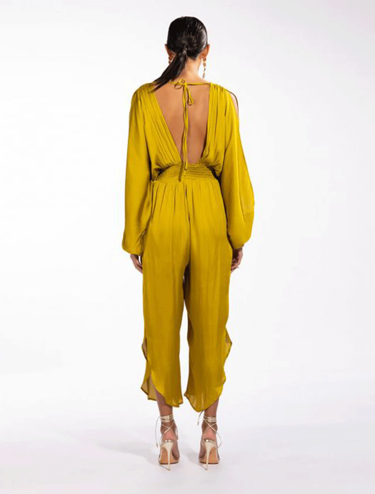 A.KOM // WOMEN'S V-NECK OPEN BACK JUMPSUIT, MUSTARD - Image 2