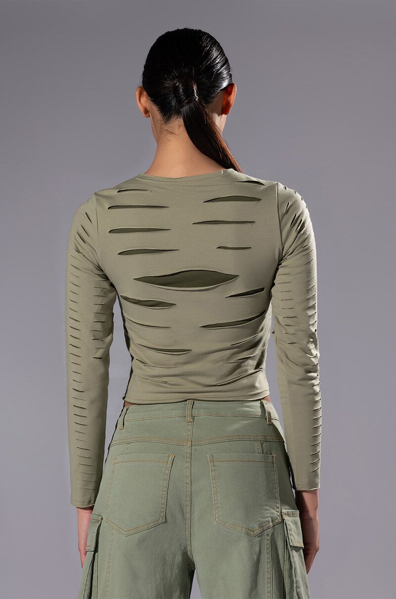 A.KOM // DISTRESSED LAYERED LONG SLEEVE TOP, GREEN - Image 2
