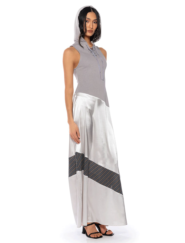 A.KOM // HOODED MAXI DRESS, MULTI GREY