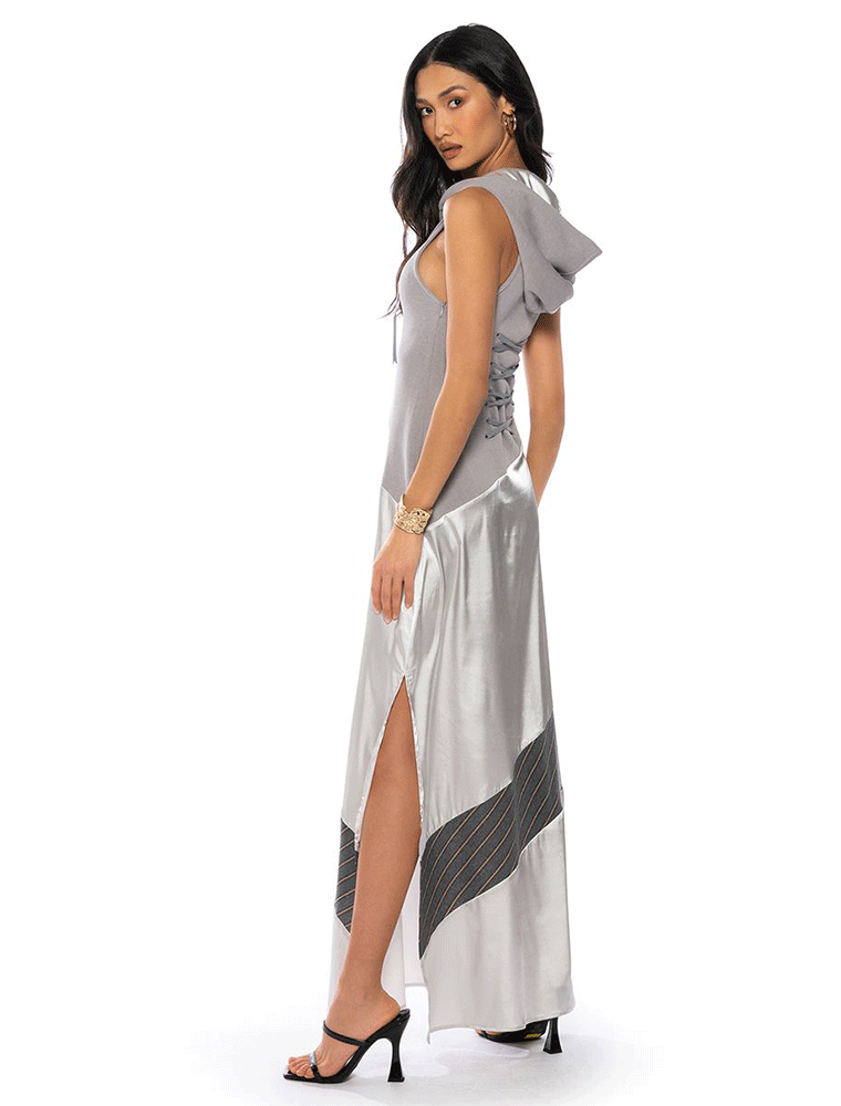 A.KOM // HOODED MAXI DRESS, MULTI GREY - Image 5