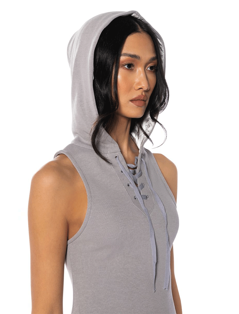 A.KOM // HOODED MAXI DRESS, MULTI GREY - Image 3