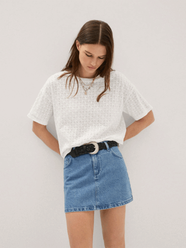 MNG // BASIC OPENWORK COTTON-BLEND T-SHIRT, WHITE