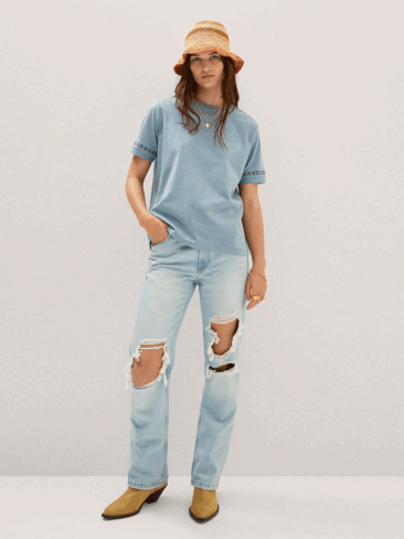 MNG // CASUAL EMBROIDERED DETAIL T-SHIRT, BLUE