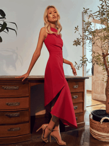 GEPUR // ASYMMETRICAL WAIST CUT-OUT MIDI DRESS, RED