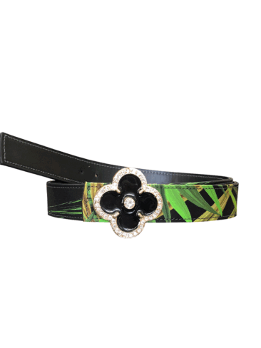PEcado // PRINTED FOLIAGE SILK LEATHER BELT, BLACK / GREEN