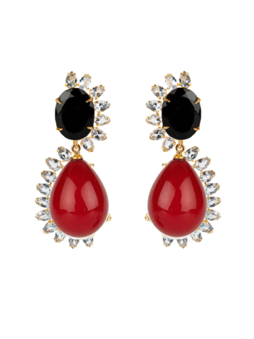 BOUNKIT // BLACK ONYX, CLEAR QUARTZ, PEARLIZED RED SHELL EARRINGS