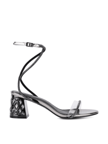 ATTIZZARE // RHINESTONE STRAP CHUNKY HEEL SANDALS, GUN METAL