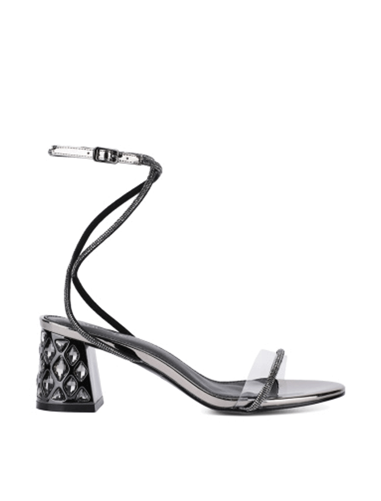 ATTIZZARE // RHINESTONE STRAP CHUNKY HEEL SANDALS, GUN METAL