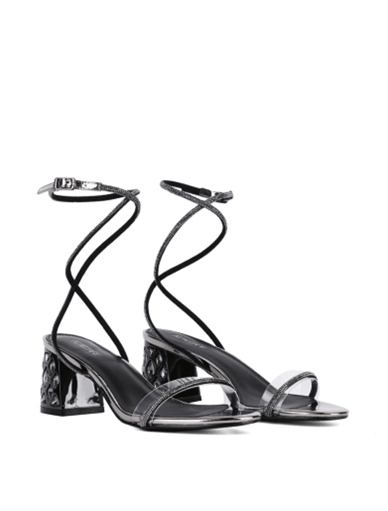 ATTIZZARE // RHINESTONE STRAP CHUNKY HEEL SANDALS, GUN METAL - Image 3