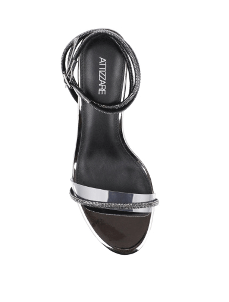 ATTIZZARE // RHINESTONE STRAP CHUNKY HEEL SANDALS, GUN METAL - Image 2