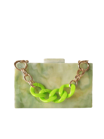 A.KOM // RECTANGULAR ACRYLIC CLUTCH BAG, MARBLE GREEN/YELLOW