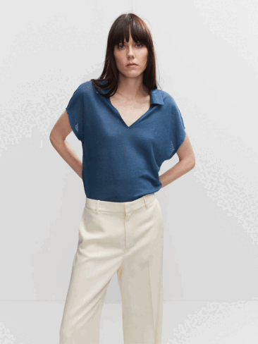 MNG // CASUAL LINEN POLO TOP, BLUE